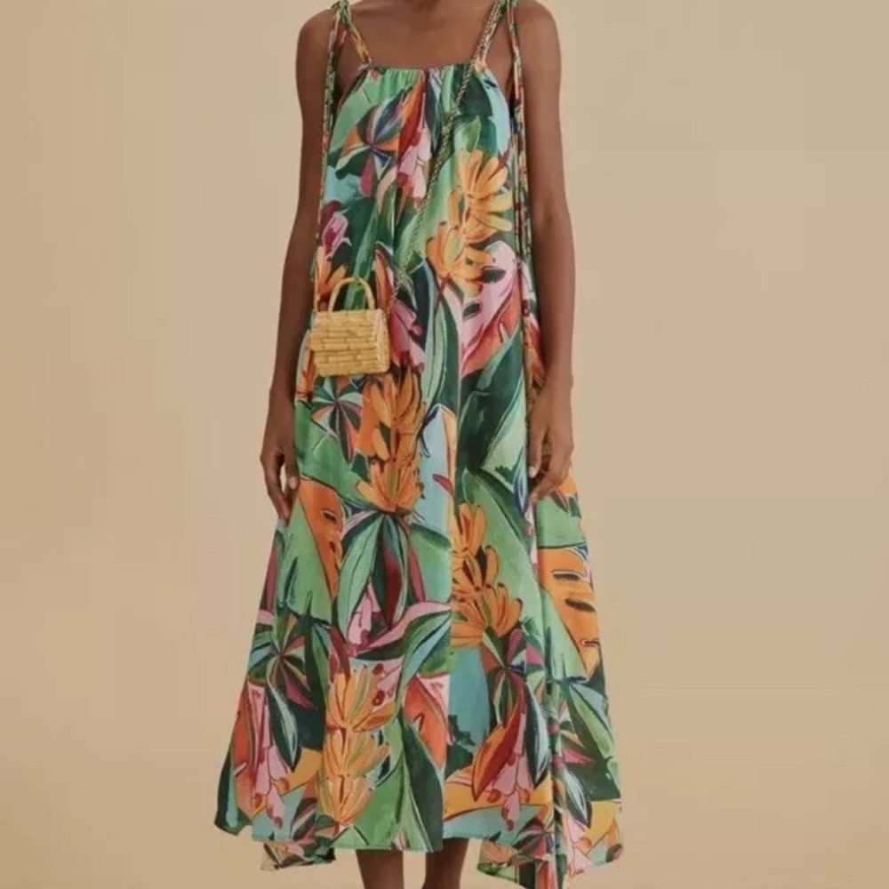 FARM Rio Green Tropical Floral Midi Dress